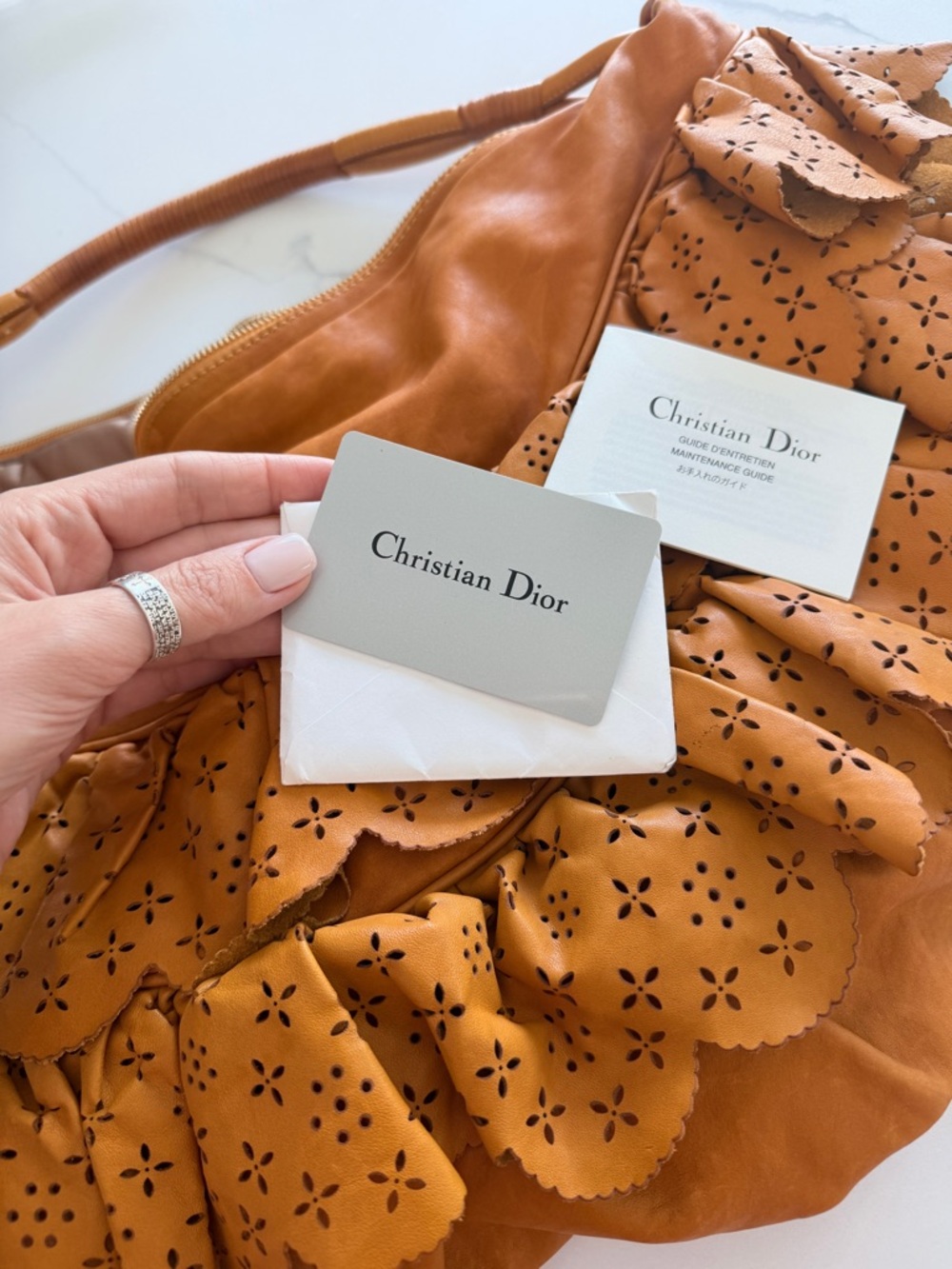 Dior leather Orange Floral Cutout Hobo Bag - Picture 7 of 12
